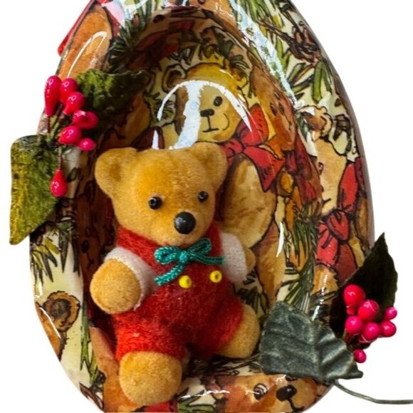 Vintage Teddy Bear Egg-Shaped Ornament With Red Accents & Hanging Ribbon - Picture 3 of 6